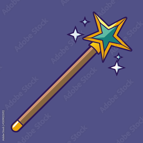 Colorful magic wand vector with sparkles, A colorful magic wand vector with a green star and sparkling stars, representing fantasy and magic.
