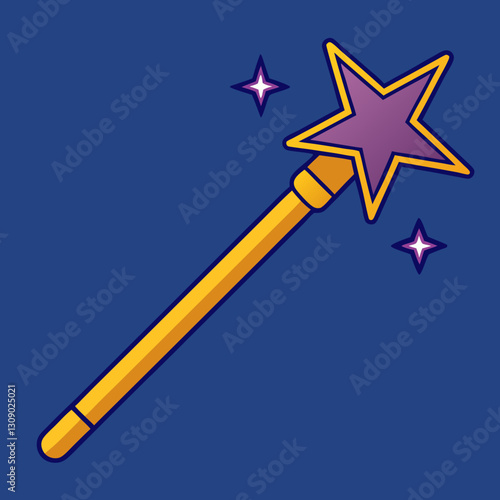 Magic wand vector with sparkling stars, A vector image of a magic wand with a purple star and sparkling stars, representing magic or fantasy.

