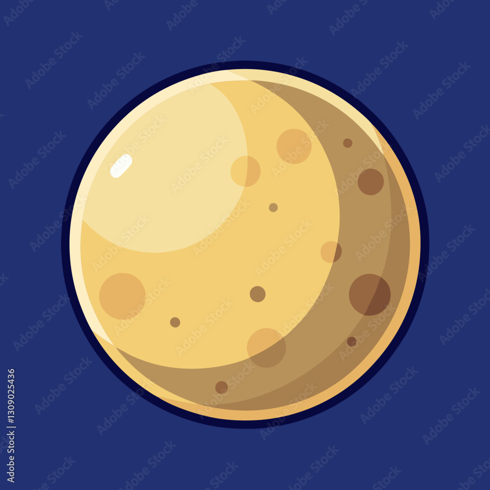 Fototapeta premium Yellow moon vector with craters and shadows, A vector illustration of a yellow moon with visible craters and shadows, set against a dark blue background. 