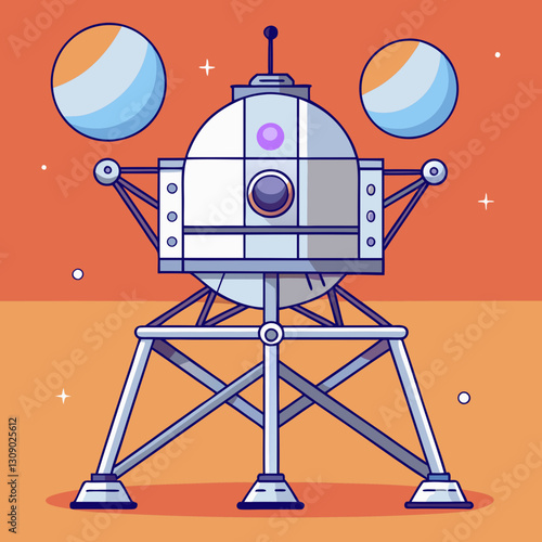Lunar lander vector with moons and stars, A vector illustration of a lunar lander on an alien surface with moons in the background and stars scattered in the sky.
