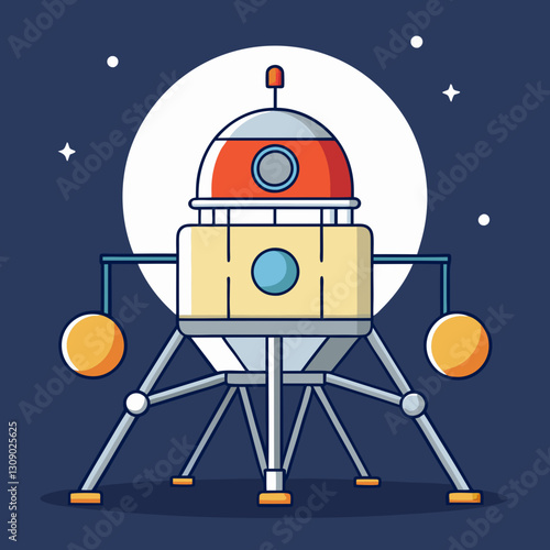 Lunar lander vector with moon and stars, A vector illustration of a lunar lander on the moon’s surface with a bright moon in the background and stars in the sky.
