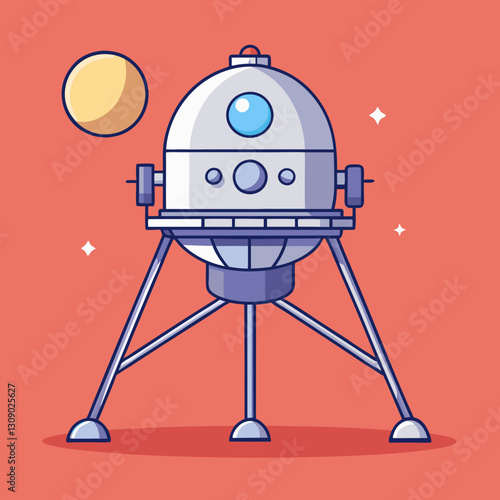 Lunar lander vector on Mars with yellow planet, A vector illustration of a lunar lander on Mars with a yellow planet in the background and stars scattered in the sky.
