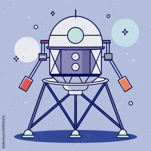 Lunar lander vector with stars and planets, A vector illustration of a lunar lander on a celestial surface with stars and planets in the background.
