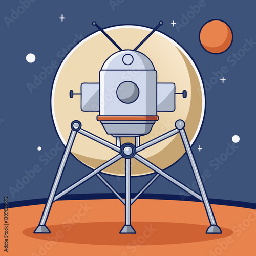 Lunar lander vector on moon with stars, A vector illustration of a lunar lander on the moon's surface with a starry background and a red planet in the sky.
