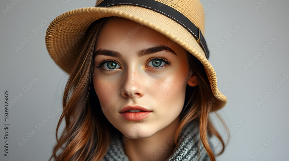 A captivating portrait of a young woman wearing a stylish hat while showcasing her natural freckles, exuding charm and contemporary fashion sensibility in this image. A captivating portrait of a young woman wearing a stylish hat while showcasing her natural freckles, exuding charm and contemporary fashion sensibility in this image.