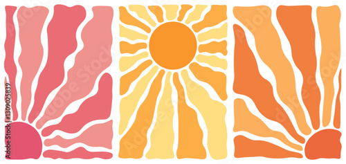 Affiches soleil groowy et abstrait. Ensemble tendance floral et ensoleillé, couleurs d'été