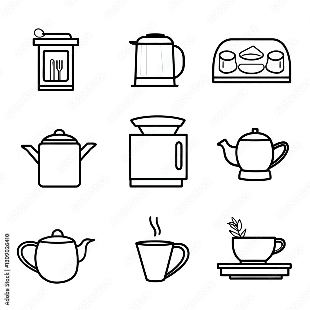 Minimalist Tea and Coffee Icons: Teapots, Kettles, Cups, Saucers, and Accessories Minimalist Tea and Coffee Icons: Teapots, Kettles, Cups, Saucers, and Accessories