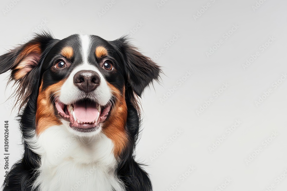 A happy dog with its mouth open, looking at the camera, isolated on a white background Photorealistic, highresolution product photography