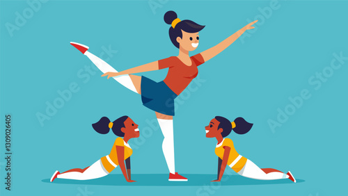 A cheerleader leaping over her teammates backs in a scorpion stunt balanced precariously on one leg with her leg extended behind her head.. Vector illustration