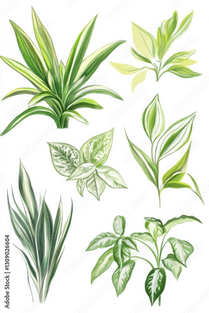 Fototapeta premium Illustration showcasing various parts of Chlorophytum comosum with detailed renderings of the plant characteristics
