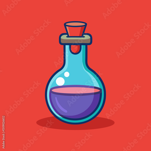 Vector Laboratory Flask with Purple Liquid and Cork, Vector illustration of a laboratory flask filled with purple liquid, featuring a cork stopper, set against a red background.
