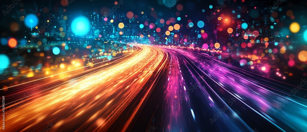 Abstract tech icons floating over a fastmoving highway at night Abstract tech icons floating over a fastmoving highway at night