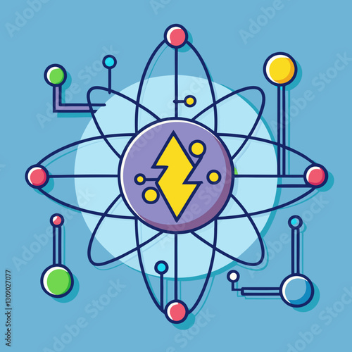 Quantum computing vector illustration with energy symbol and atomic structure, A vibrant vector illustration of a quantum computer with an atomic structure and energy symbol at the center, connected t
