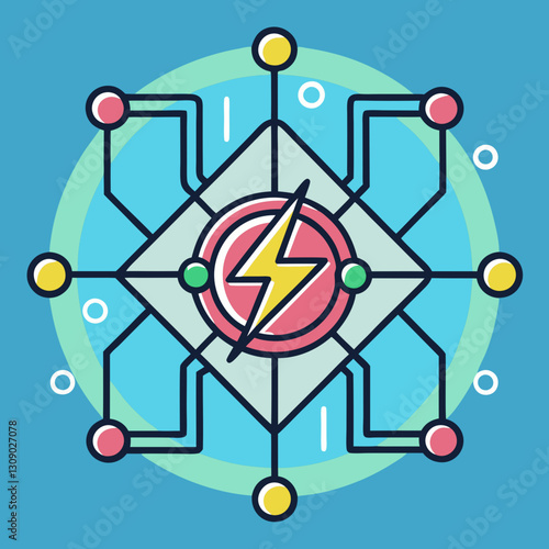 Quantum computing vector illustration with energy symbol and circuits, A vibrant vector illustration of a quantum computer with an energy symbol at the center, connected to colorful digital circuits, 