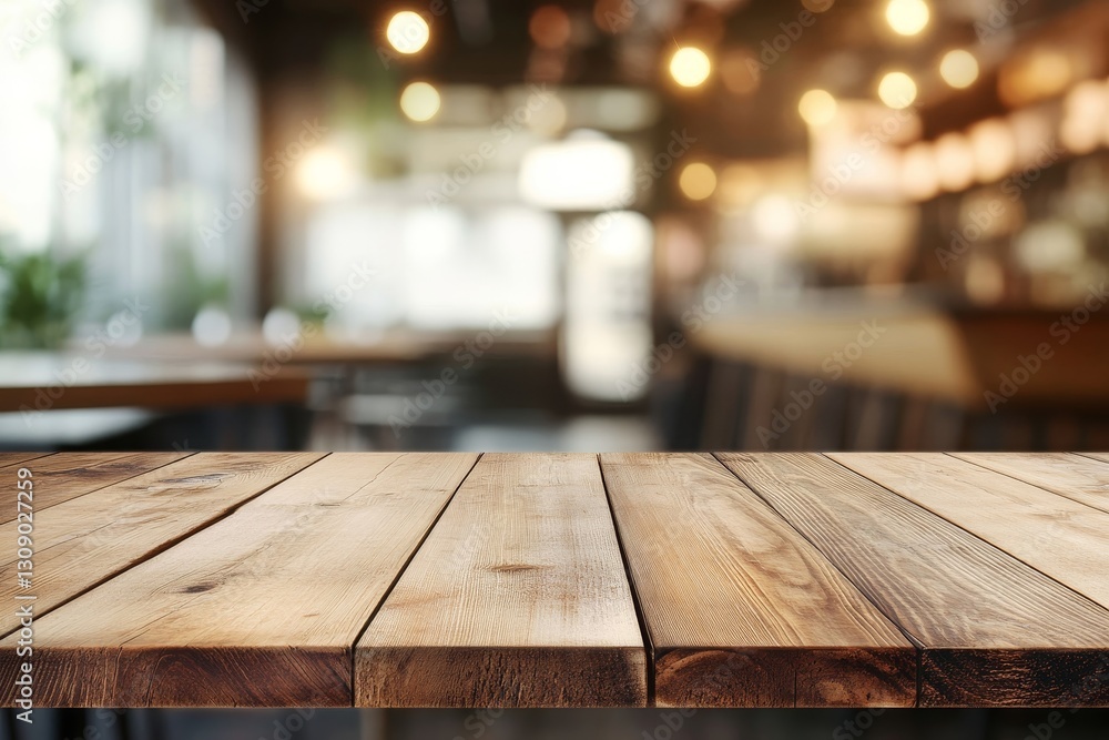Wooden tabletop mockup for product display in a blurred cafe or restaurant interior background Wooden tabletop mockup for product display in a blurred cafe or restaurant interior background