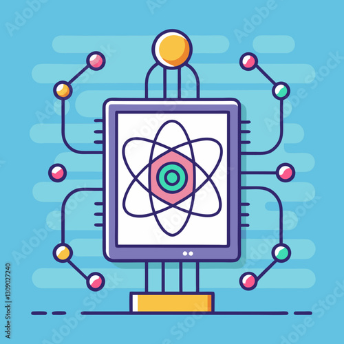 Quantum computer vector illustration with atomic nucleus design, A colorful vector illustration of a quantum computer with atomic nucleus design and interconnected circuits, set against a blue backgro