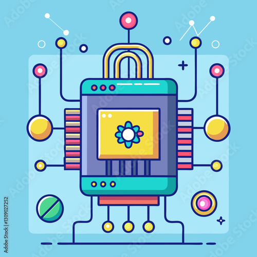 Quantum computer vector illustration with atomic and digital elements, A colorful vector illustration of a quantum computer with atomic symbols, digital circuits, and interconnected elements, set agai