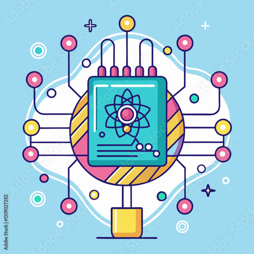 Quantum computer vector illustration with atomic symbols and circuits, A colorful vector illustration of a quantum computer integrated with atomic symbols and circuits, set against a light blue backgr