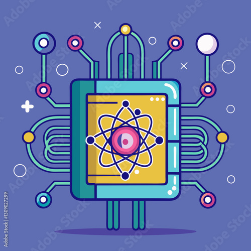 Quantum computer vector illustration with atomic design elements, A vibrant vector illustration of a quantum computer integrated with atomic structure designs, set against a purple background.
