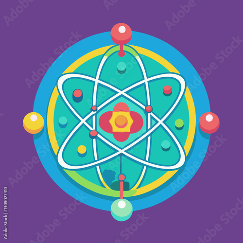 Atomic structure vector illustration with colorful orbitals and nucleus, A vibrant vector illustration of an atomic structure with orbiting electrons and a colorful nucleus, set against a purple backg
