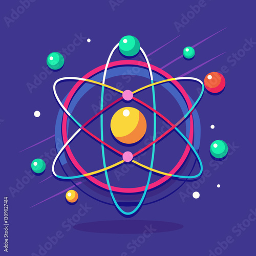 Atomic structure vector illustration with colorful orbitals, A vibrant vector illustration of an atomic structure with colorful orbiting electrons, set against a purple background.
