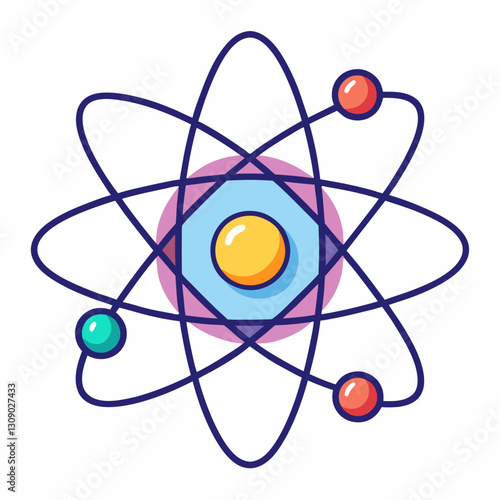 Atomic structure vector illustration with colorful orbits, A colorful vector illustration of an atomic structure with orbiting electrons around a central nucleus, set against a white background.
