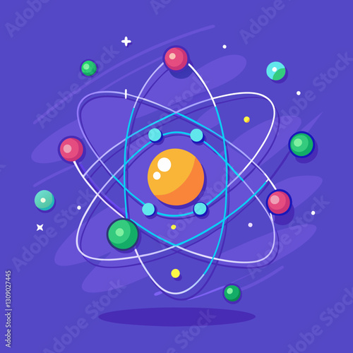 Atomic structure vector illustration with colorful electrons, A vibrant vector illustration of an atomic structure with orbiting electrons and a bright nucleus, set against a purple background.
