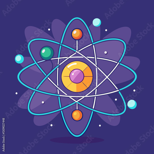 Atomic structure vector illustration with vibrant orbits, A colorful vector illustration of an atomic structure with orbiting electrons and a glowing nucleus, set against a purple background.
