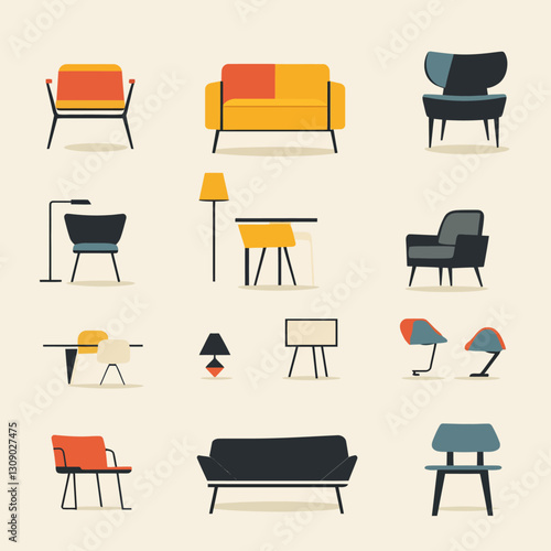 Mid-century modern furniture set illustration design, flat graphic style.
