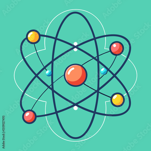 Atomic structure vector illustration with colorful electrons, A vibrant vector illustration of an atomic structure with colorful electrons orbiting the nucleus, set against a teal background.
