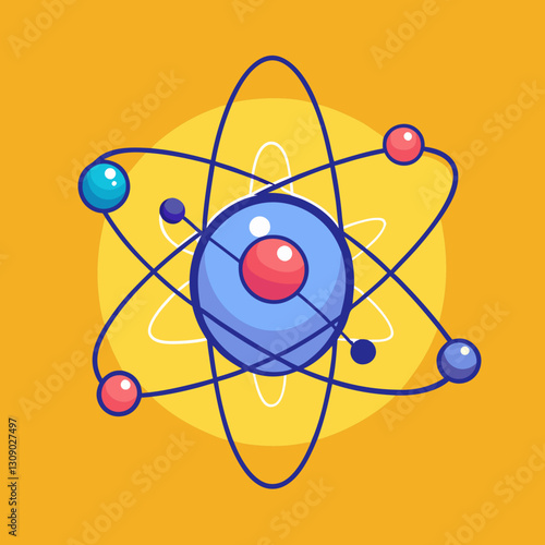 Atomic structure vector illustration with vibrant electrons, A colorful vector illustration of an atomic structure with electrons orbiting around the nucleus, set against a yellow background.
