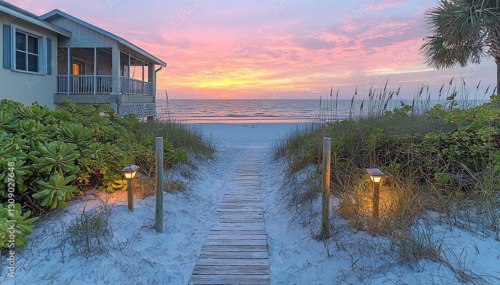 Obraz premium Beachfront sunset boardwalk path