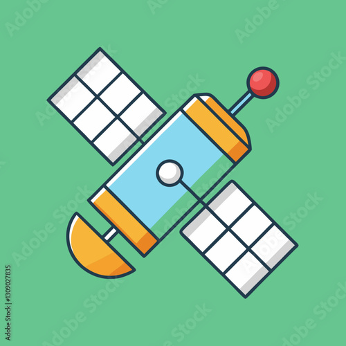 Satellite vector illustration with solar panels on green, A simple vector illustration of a satellite with solar panels and an antenna on a green background.
