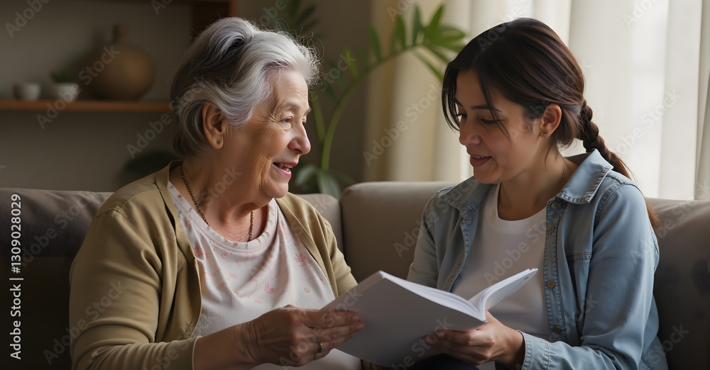 Woman reading book with senior woman at home, Elderly Care Woman reading book with senior woman at home, Elderly Care