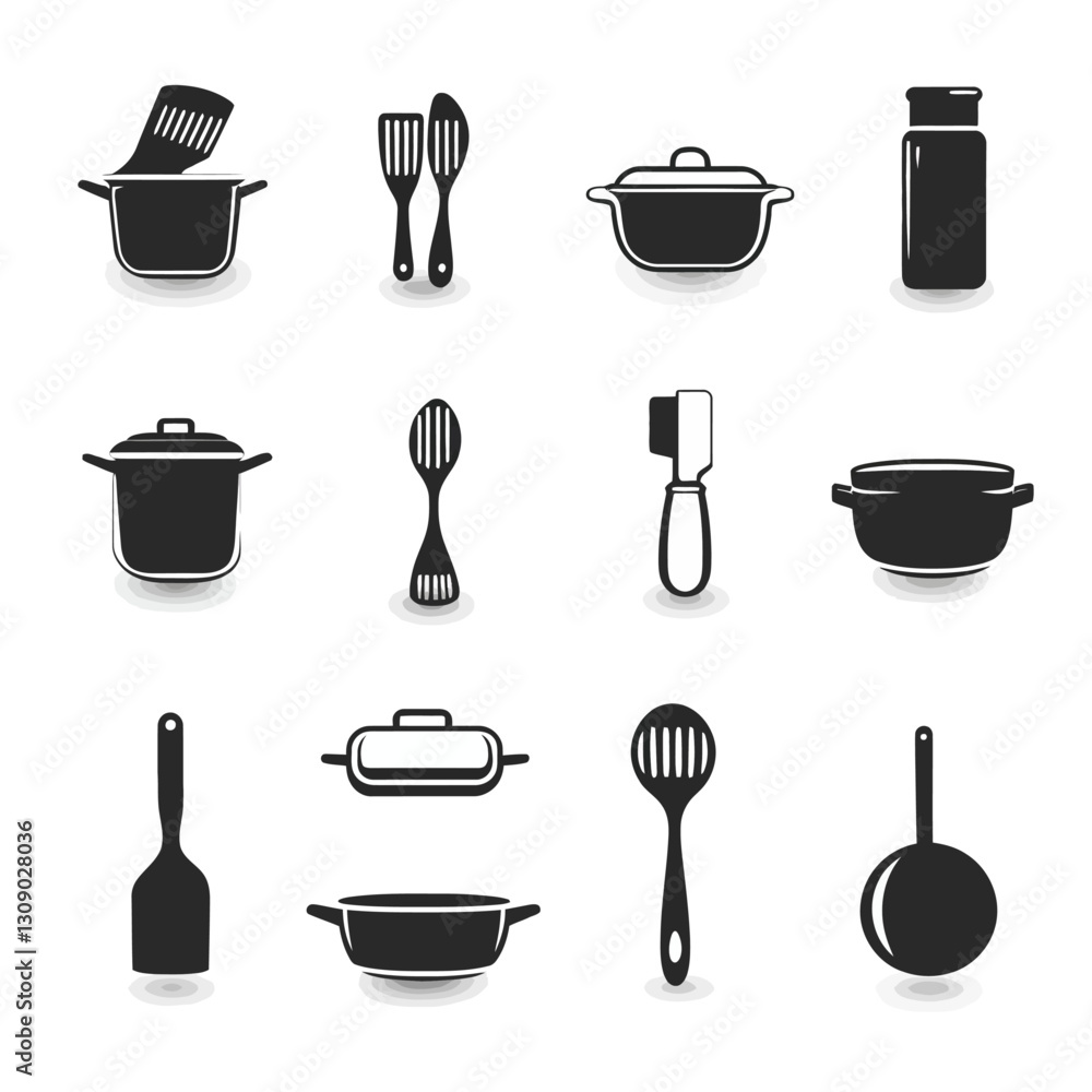 Black kitchen utensils and cookware set on white backdrop. Black kitchen utensils and cookware set on white backdrop.