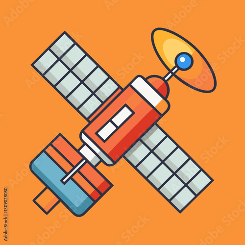 Space satellite vector illustration with solar panels and antenna, A vector illustration of a space satellite featuring solar panels and an antenna, set against an orange background.
