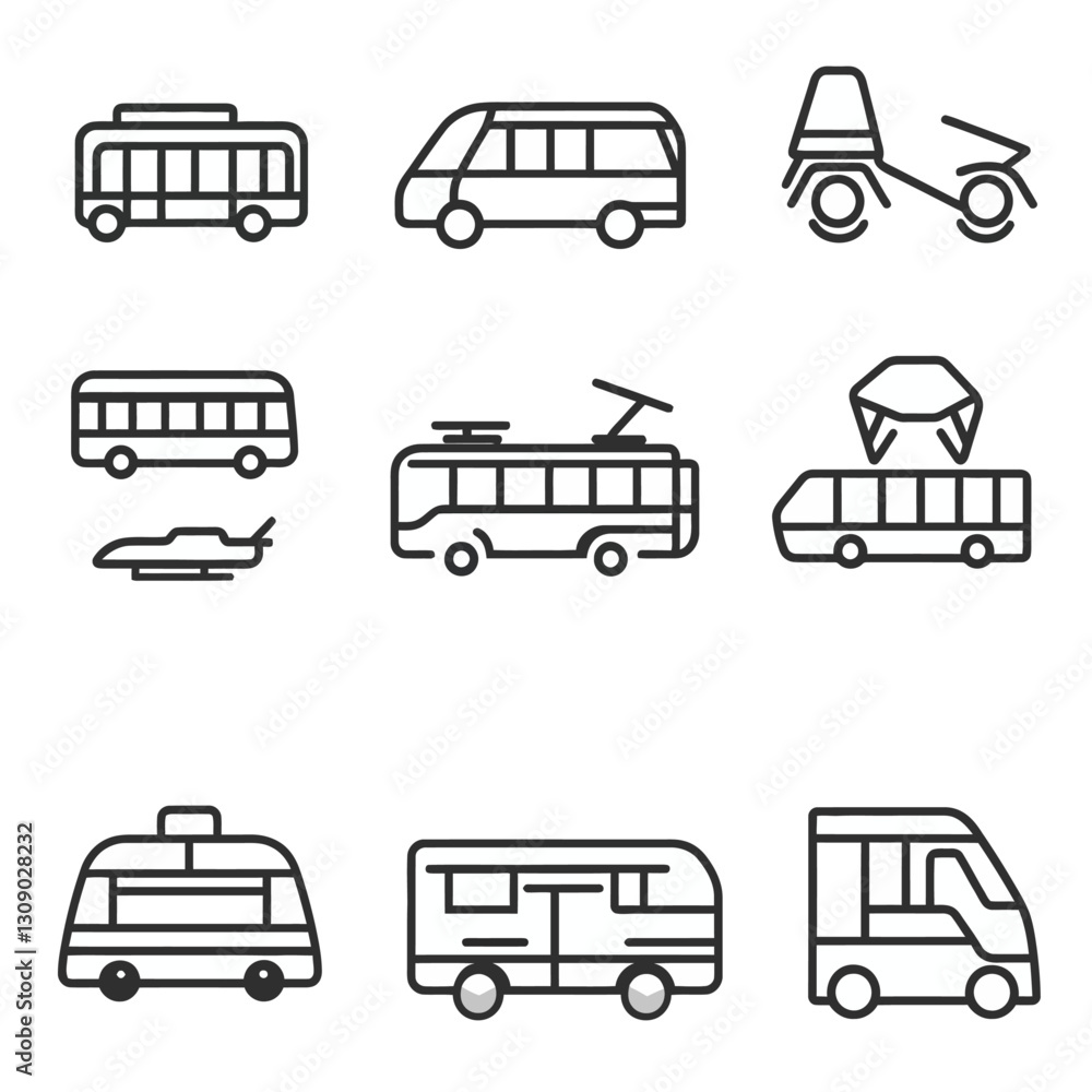 Public Transport Icons: Buses, Trains, Scooter, Van, and Helicopter Vector Set Public Transport Icons: Buses, Trains, Scooter, Van, and Helicopter Vector Set