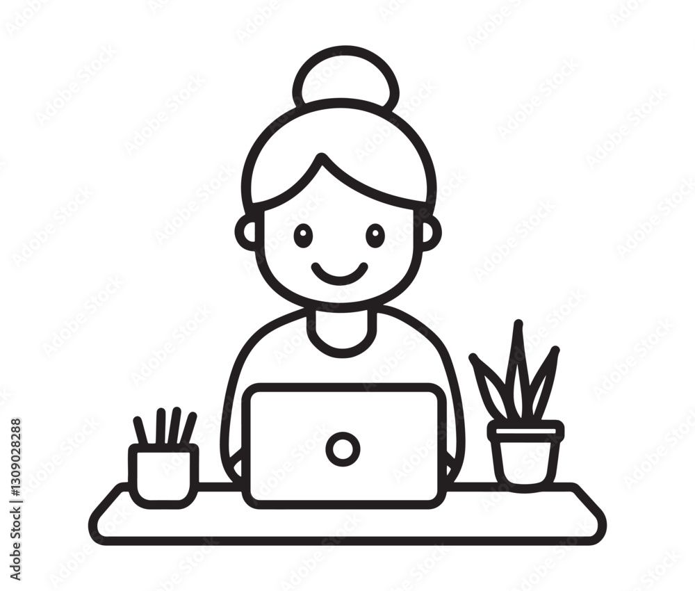 Freelancer at a stylish desk, remote work concept. Modern illustration of a woman working on a laptop Freelancer at a stylish desk, remote work concept. Modern illustration of a woman working on a laptop