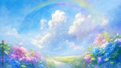 青と緑の調和 水彩タッチで描かれた幻想的な紫陽花の丘