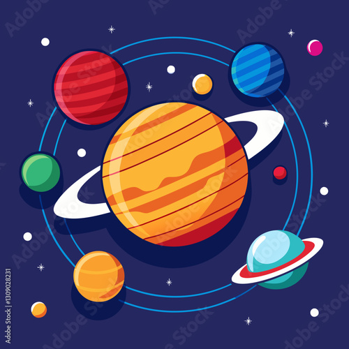 Saturn with rings and surrounding colorful planets vector illustration, A vector illustration of Saturn with rings, surrounded by colorful planets and cosmic elements, set against a dark blue backgrou