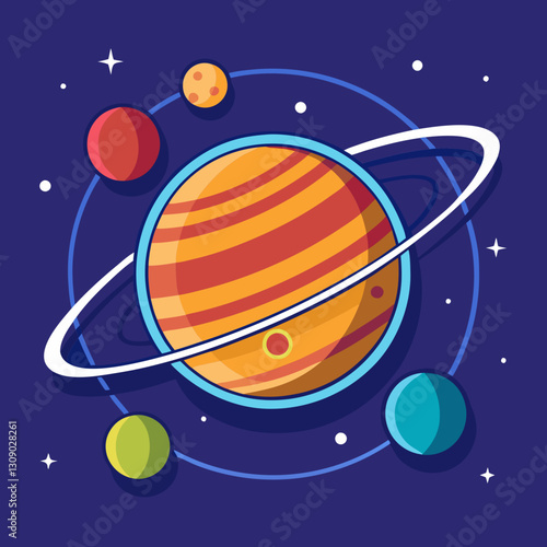Saturn with rings and surrounding planets vector illustration, A vector illustration of Saturn with rings, surrounded by colorful planets, stars, and cosmic elements, set against a dark blue backgroun