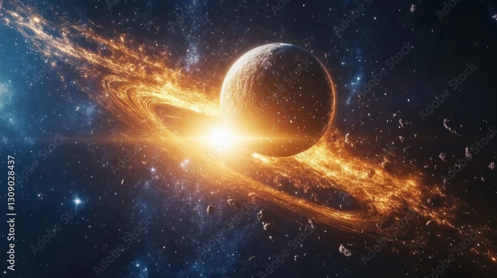 Obraz premium 3d rendering of a gas giant planet with starry background and light beam for apparel and digital use