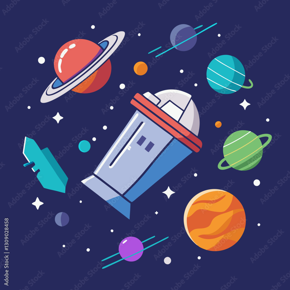 Naklejka premium Space mission vector illustration with planets and spacecraft, A vector illustration of a space mission, featuring planets, a spacecraft, and cosmic elements set against a dark blue background. 