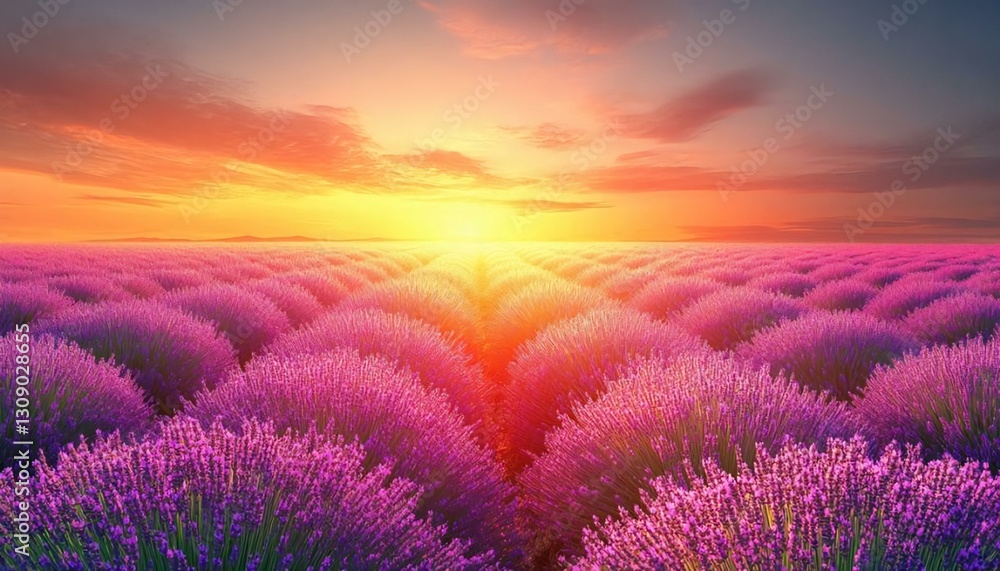 Fototapeta premium Vibrant Lavender Fields at Sunrise with Stunning Colorful Skies