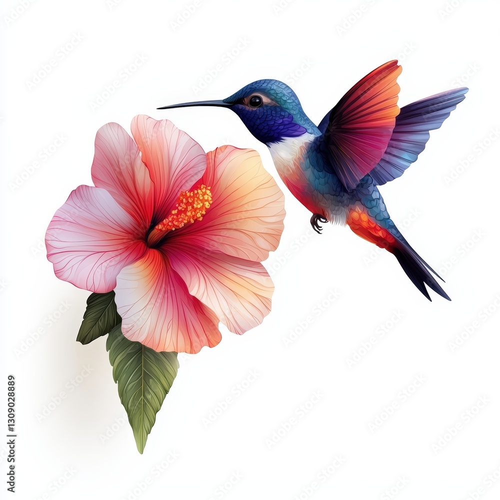 Fototapeta premium A vibrant hummingbird hovering near a beautiful hibiscus flower, showcasing nature's colorful beauty and intricate details.