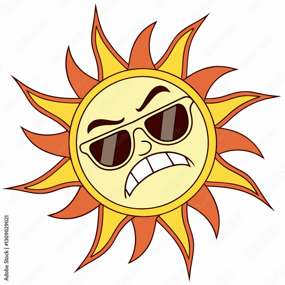 Vector illustration of a summer sun face with sunglasses and an angry expression Vector illustration of a summer sun face with sunglasses and an angry expression