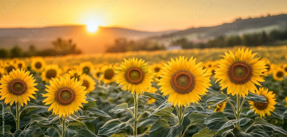 Fototapeta premium Field of sunflowers facing the golden sunset
