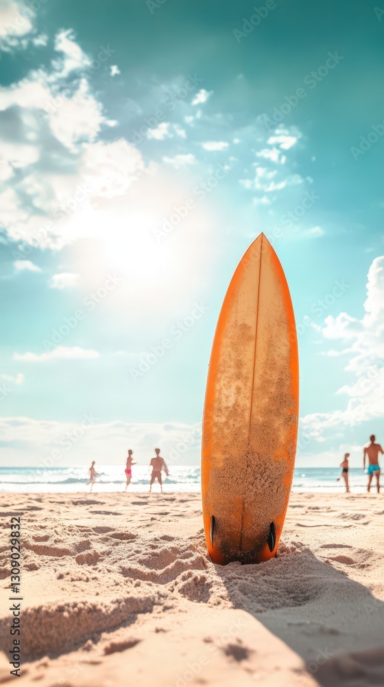 Orange Surfboard Stands on Sandy Beach Under Sunny Sky Orange Surfboard Stands on Sandy Beach Under Sunny Sky
