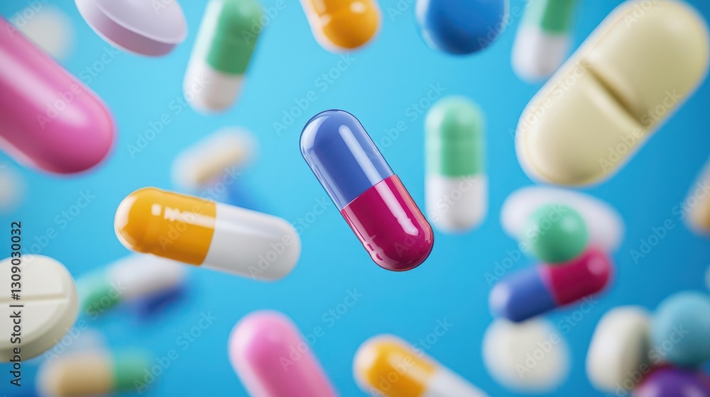 A vibrant scene of colorful pills and capsules floating in the air A vibrant scene of colorful pills and capsules floating in the air