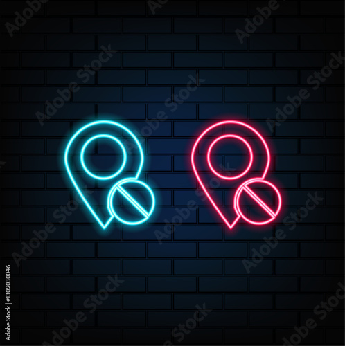 Blue glowing neon line map pin icon on black background. Navigation, Pointer, Location, Map, GPS, Direction, Place, Compass, Contact
